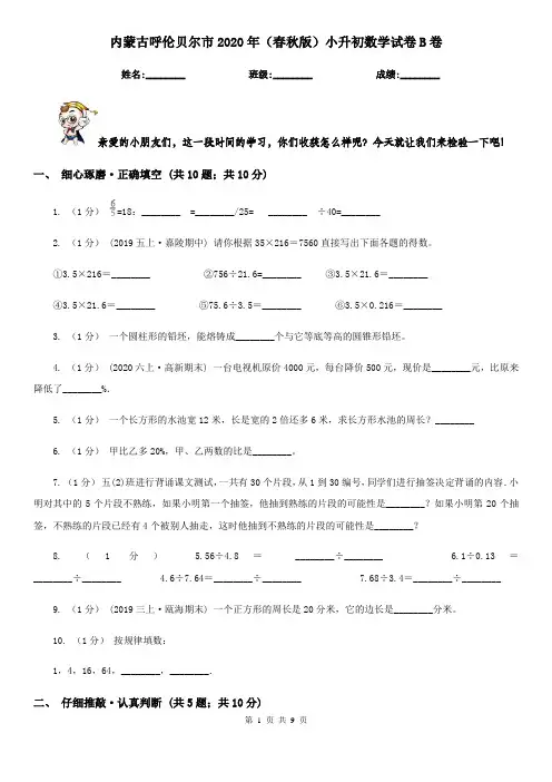 内蒙古呼伦贝尔市2020年(春秋版)小升初数学试卷B卷