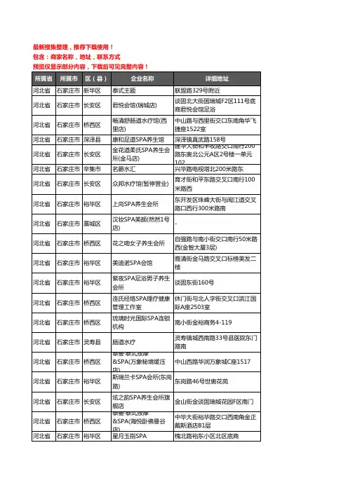 新版河北省石家庄市SPA企业公司商家户名录单联系方式地址大全150家