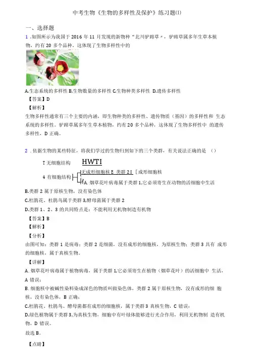中考生物生物的多样性及保护练习题