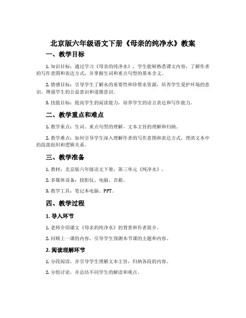 北京版六年级语文下册《母亲的纯净水》教案