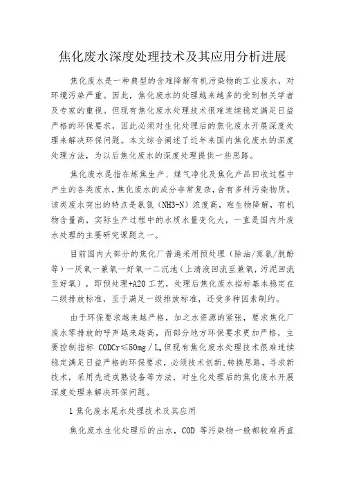 焦化废水深度处理技术及其应用分析进展