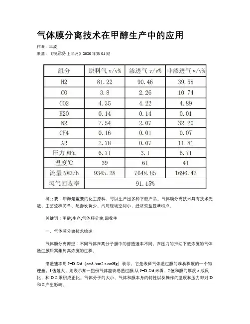 气体膜分离技术在甲醇生产中的应用