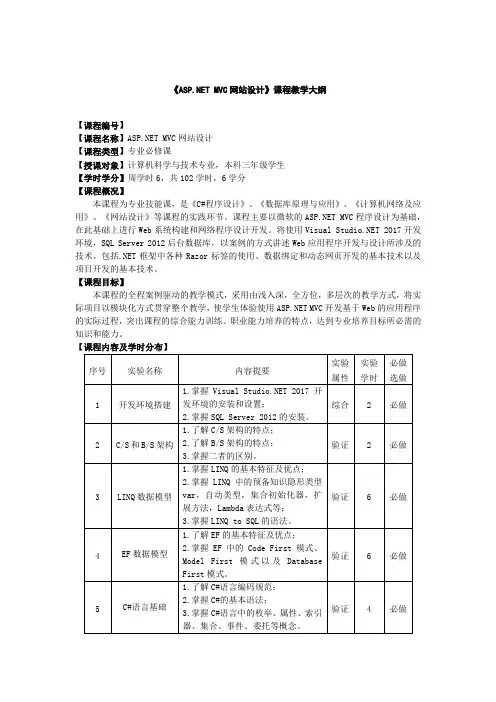 《ASP.NET MVC网站设计》教学大纲