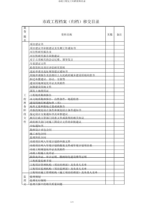市政工程竣工归档资料目录