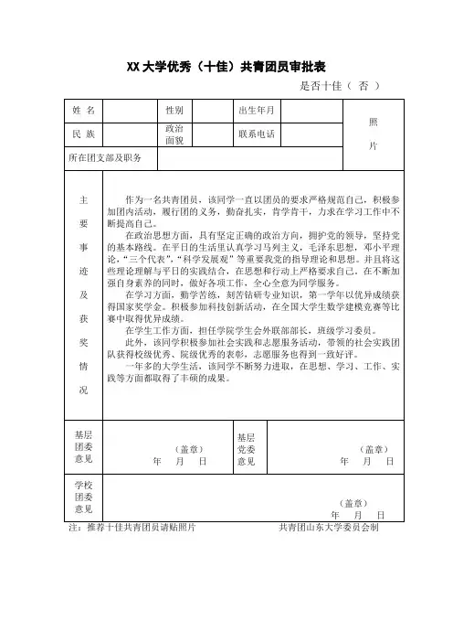 优秀共青团员申报表