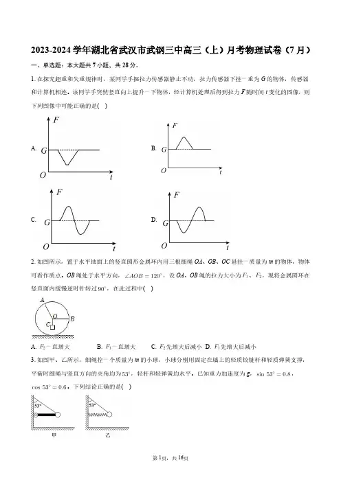 2023-2024学年湖北省武汉市武钢三中高三(上)月考物理试卷(7月)+答案解析