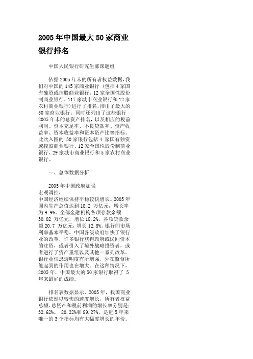 2005年中国最大50家商业银行排名