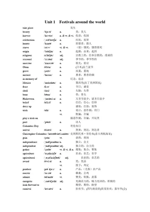 人教版高一英语必修3词汇表带音标