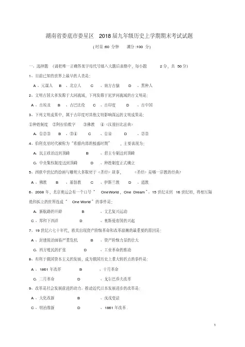 湖南省娄底市娄星区2018届九年级历史上学期期末考试试题新人教版