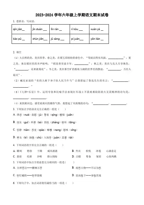 2023-2024学年部编版语文六年级上学期《期末测试卷》含答案解析