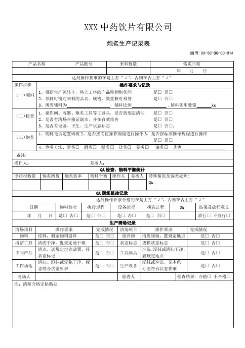 2016年中药饮片有限公司批生产记录—014炮炙生产记录表