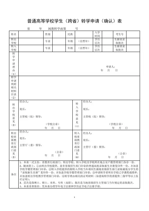 普通高等学校学生(跨省)转学申请(确认)表