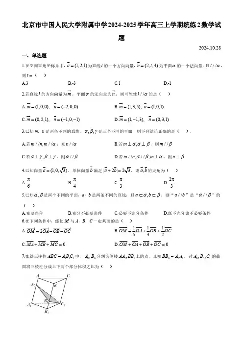 北京市中国人民大学附属中学2024-2025学年高三上学期统练2数学试题