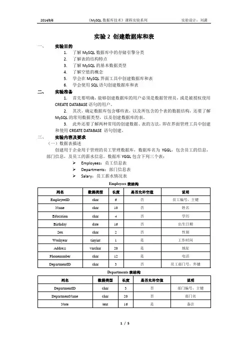 实验2 创建数据库和表