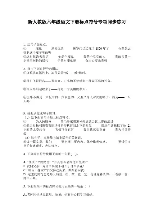 新人教版六年级语文下册标点符号专项同步练习
