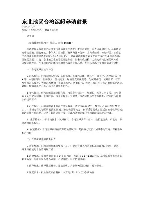 东北地区台湾泥鳅养殖前景