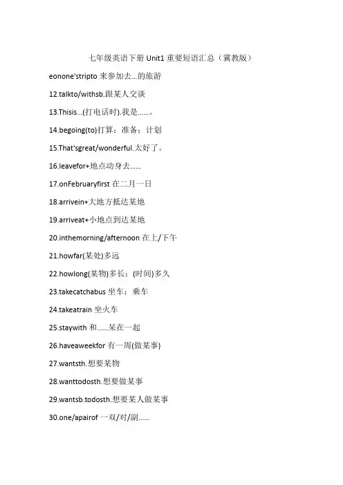 七年级英语下册Unit1重要短语汇总(冀教版)