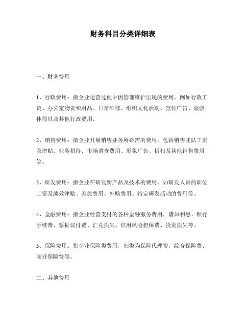 财务科目分类详细表