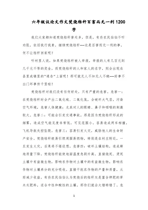 六年级议论文作文焚烧秸秆百害而无一利1200字