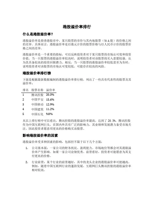 港股溢价率排行