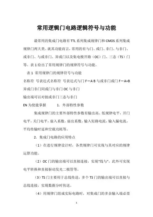 常用逻辑门电路逻辑符号与功能 