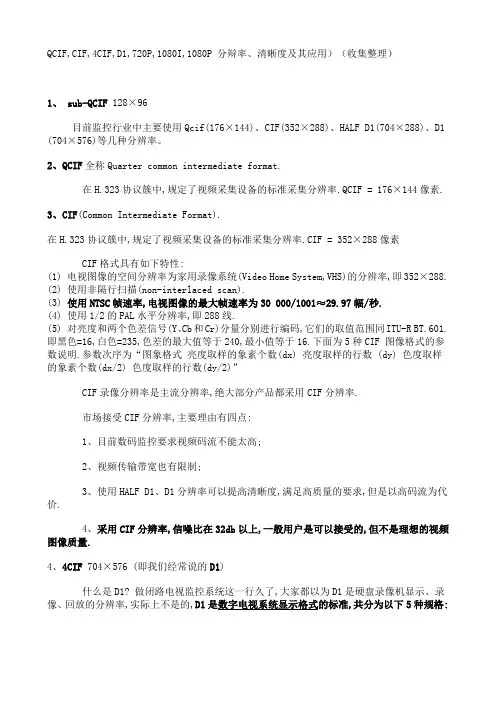 QCIF_CIF_4CIF_D1_720P_1080I_1080P_分辩率、清晰度及其应用)(收集整理))