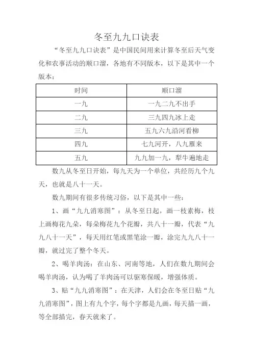 冬至九九口诀表