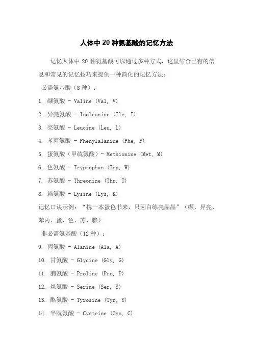 人体中20种氨基酸的记忆方法