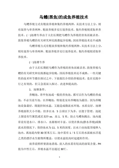 乌鳢(黑鱼)的成鱼养殖技术