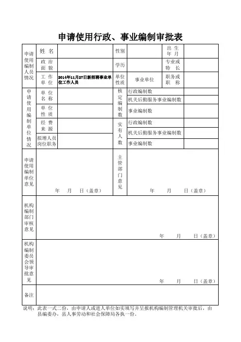行政、事业编制审批表