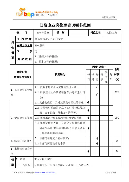 ISO文控文员岗位职责说明书