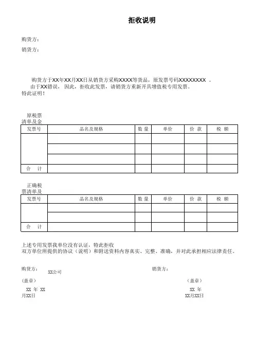 拒收说明模板