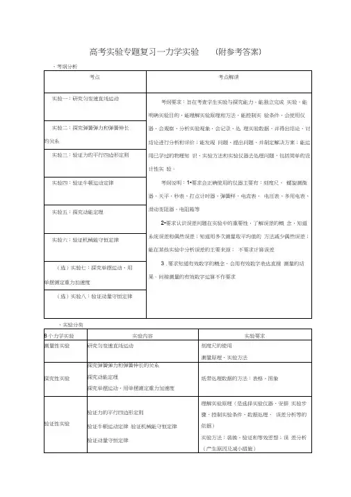 高考物理实验复习力学实验(含三年真题及部分答案)