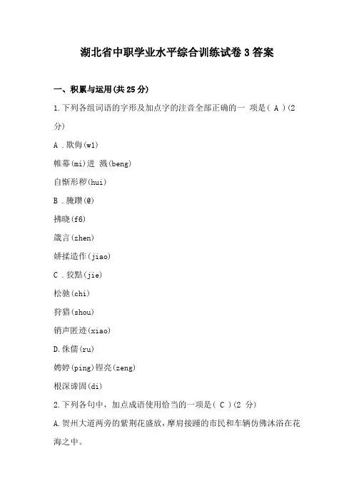 湖北省中职学业水平综合训练试卷3答案