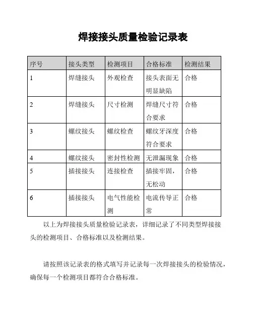 焊接接头质量检验记录表