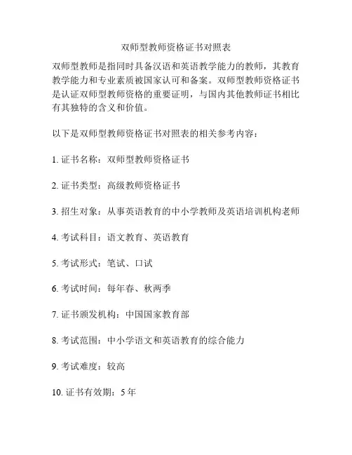 双师型教师资格证书对照表