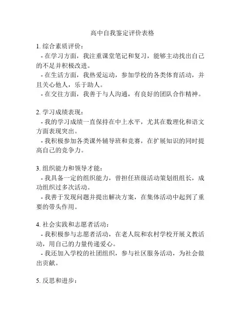 高中自我鉴定评价表格