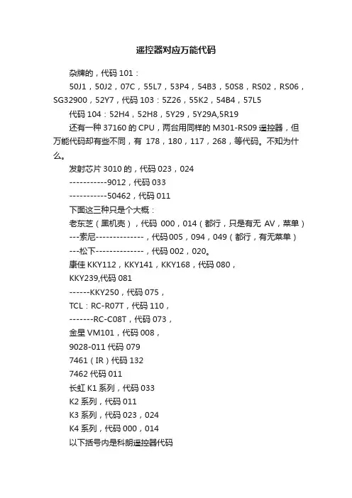 遥控器对应万能代码