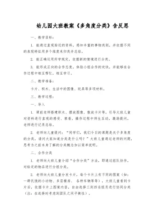 幼儿园大班教案《多角度分类》含反思