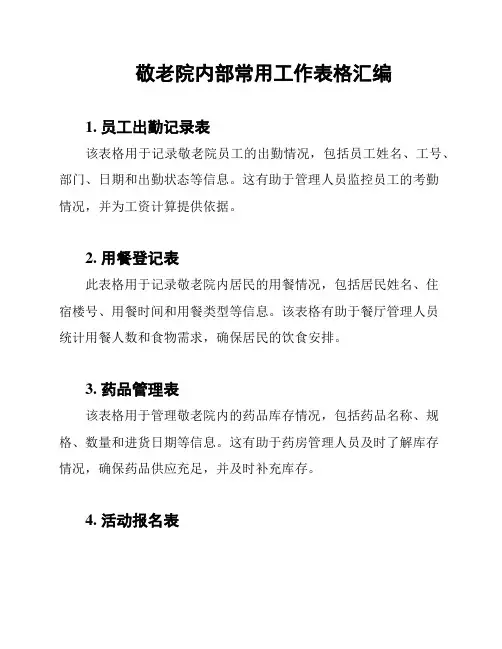 敬老院内部常用工作表格汇编