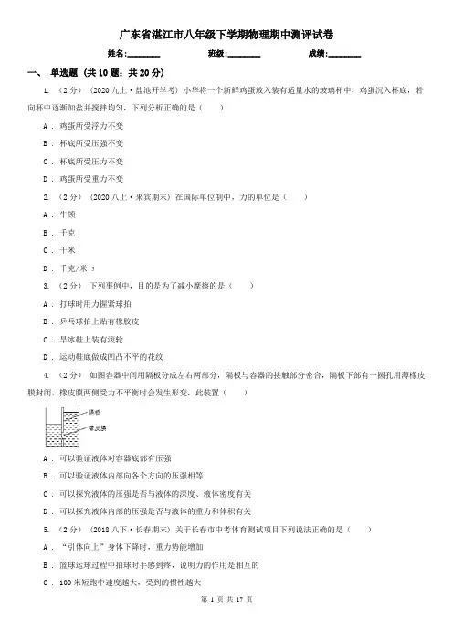 广东省湛江市八年级下学期物理期中测评试卷
