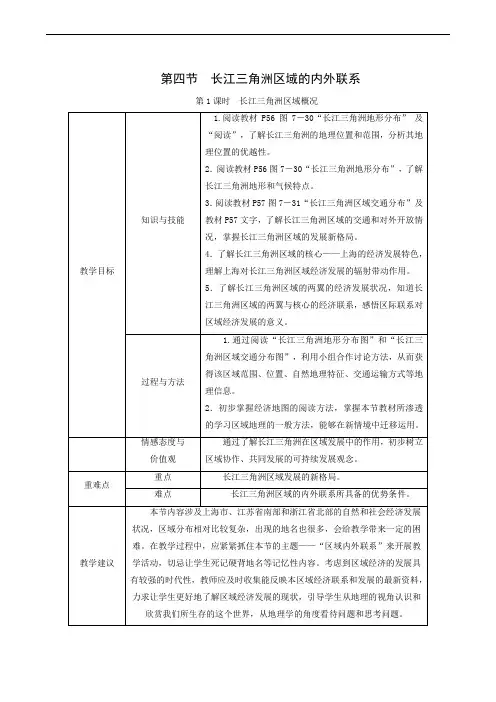 地理教案湘教版八年级下册第7章 第4节 第1课时 长江三角洲区域概况