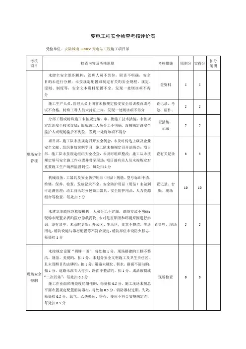 变电工程安全检查考核评价表