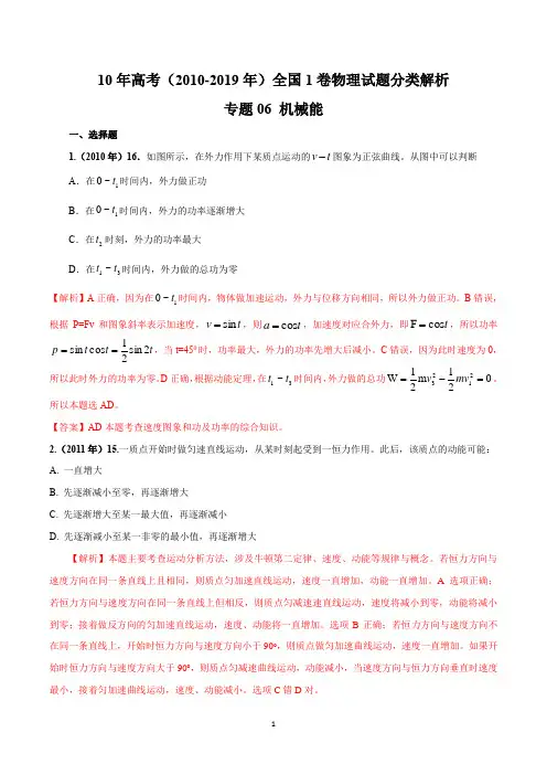 近10年高考全国1卷物理试题分类解析 专题06 机械能(解析版)