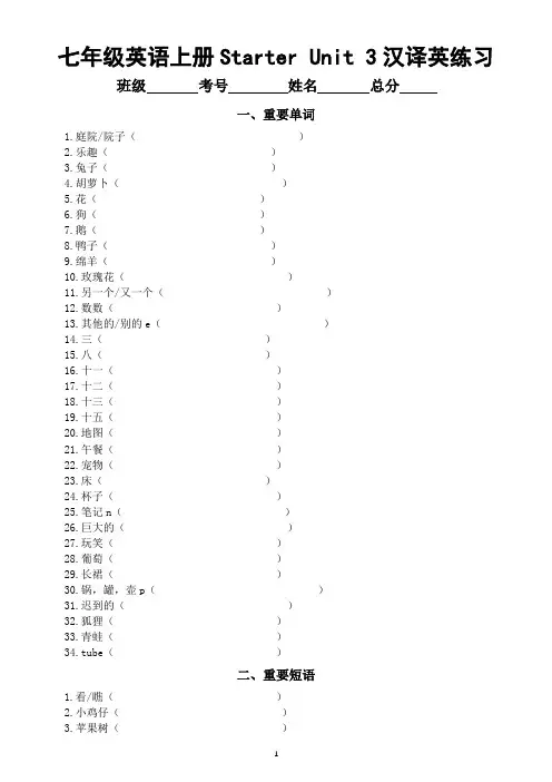 初中英语新人教版七年级上册Starter Unit 3  重点知识汉译英练习(附参考答案)