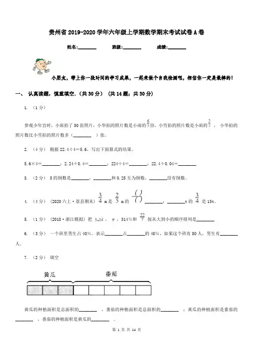 贵州省2019-2020学年六年级上学期数学期末考试试卷A卷