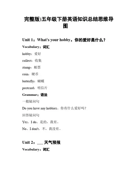 (完整版)五年级下册英语知识总结思维导图