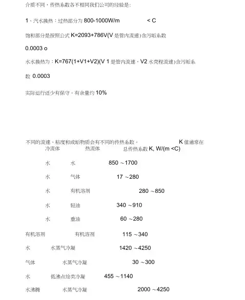 换热器的传热系数K汇总