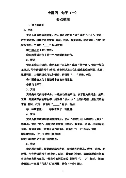 四升五年级语文 暑假衔接 知识点专题四  句子  拼音讲义 试题 含答案