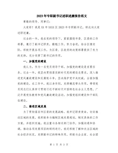 2023年专职副书记述职述廉报告范文